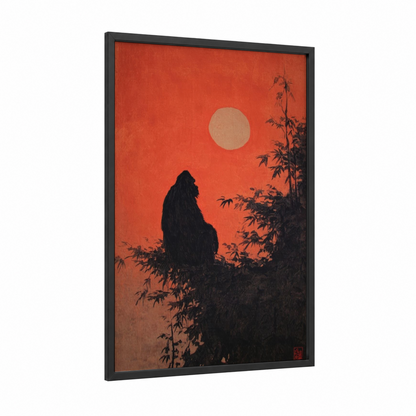 Sunset Orangutan framed art print — black wood frame — red and black and white palette