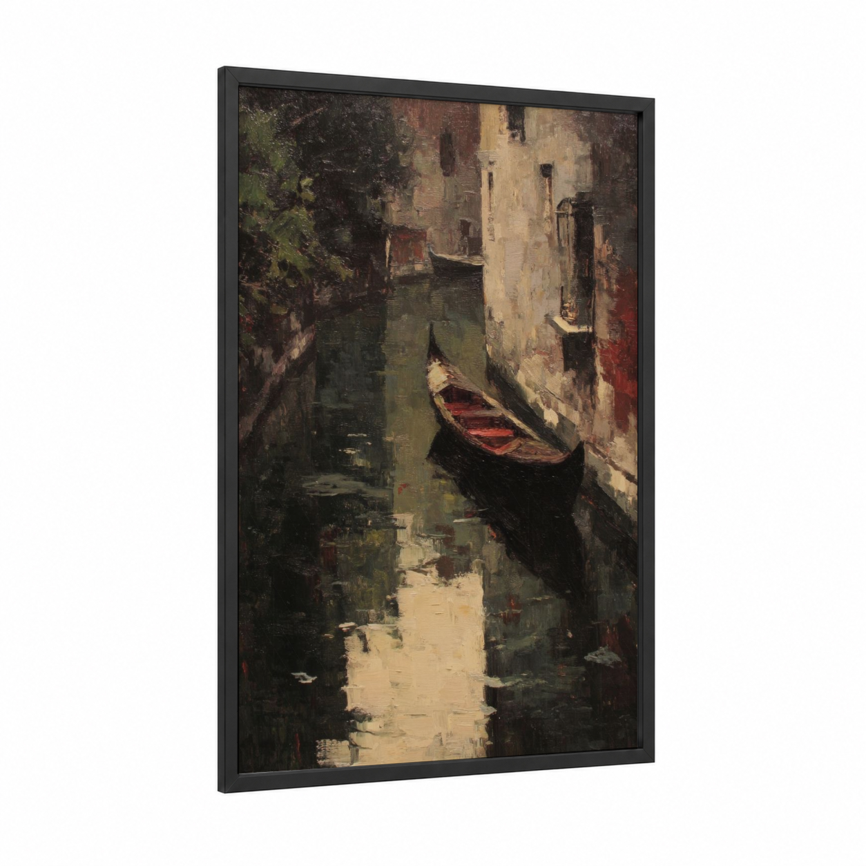 Venice Gondola framed art print — black wood frame — sage green and cream palette