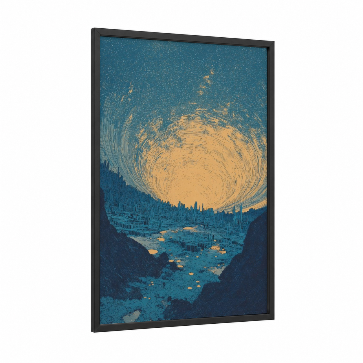 Celestial Vortex framed dreamscape print — black wood frame — teal and gold palette