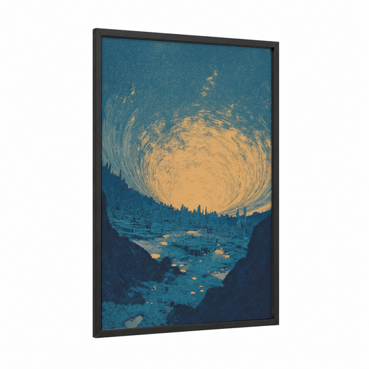 Celestial Vortex framed dreamscape print — black wood frame — teal and gold palette