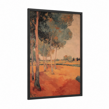 Crimson Eucalyptus framed eucalyptus forest print — black wood frame — russet and gold palette