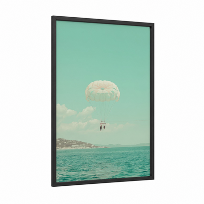 Tropical Parasailing framed art print — black wood frame — turquoise and cream palette