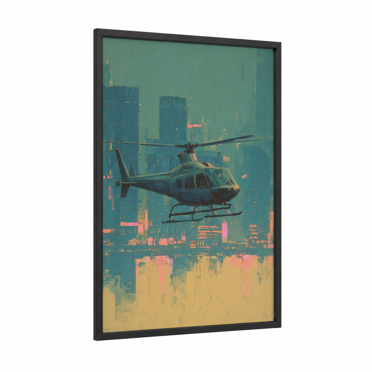 Urban Helicopter framed art print — black wood frame — teal and gold palette