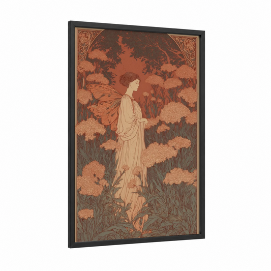 Fairy Garden Maiden framed fairytale print — black wood frame — russet and nobel palette