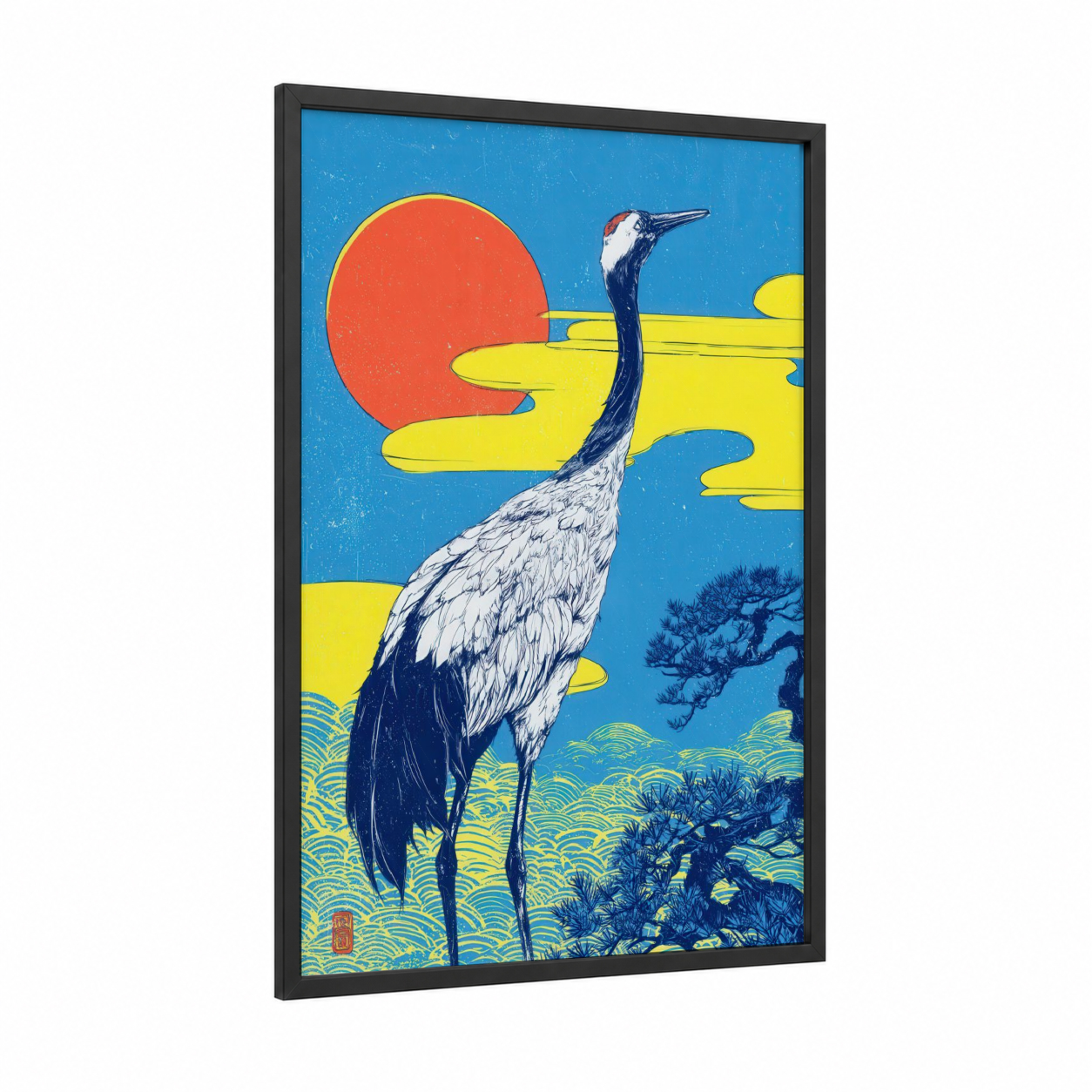 Sunrise Crane framed art print — black wood frame — blue and gold and pink palette