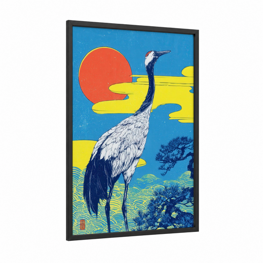 Sunrise Crane framed art print — black wood frame — blue and gold and pink palette