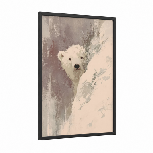 Snowy Polar Bear framed art print — black wood frame — white and dove gray palette
