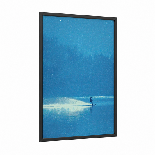 Solitary Surfer framed water skiing print — black wood frame — blue and turquoise palette