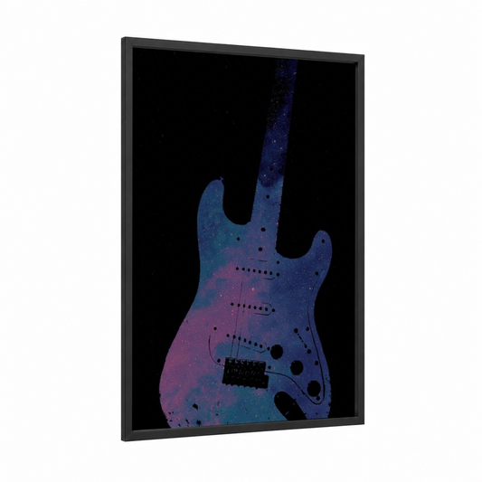 Cosmic Guitar framed electric guitar print — black wood frame — blue and purple palette