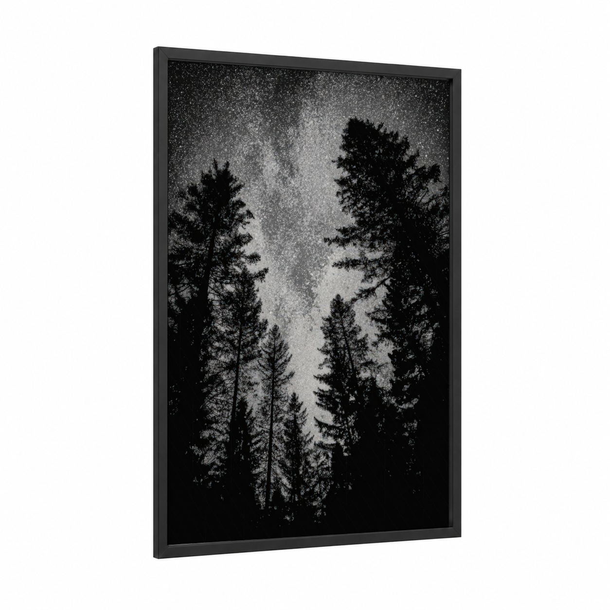 Starlit Forest framed night sky print — black wood frame — black and white and gray palette