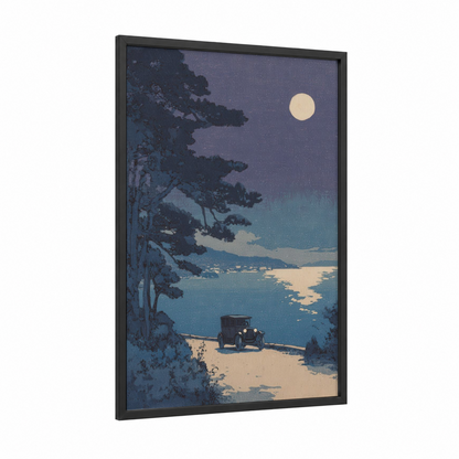 Moonlit Lakeside Classic framed classic car print — black wood frame — dark blue and cream palette