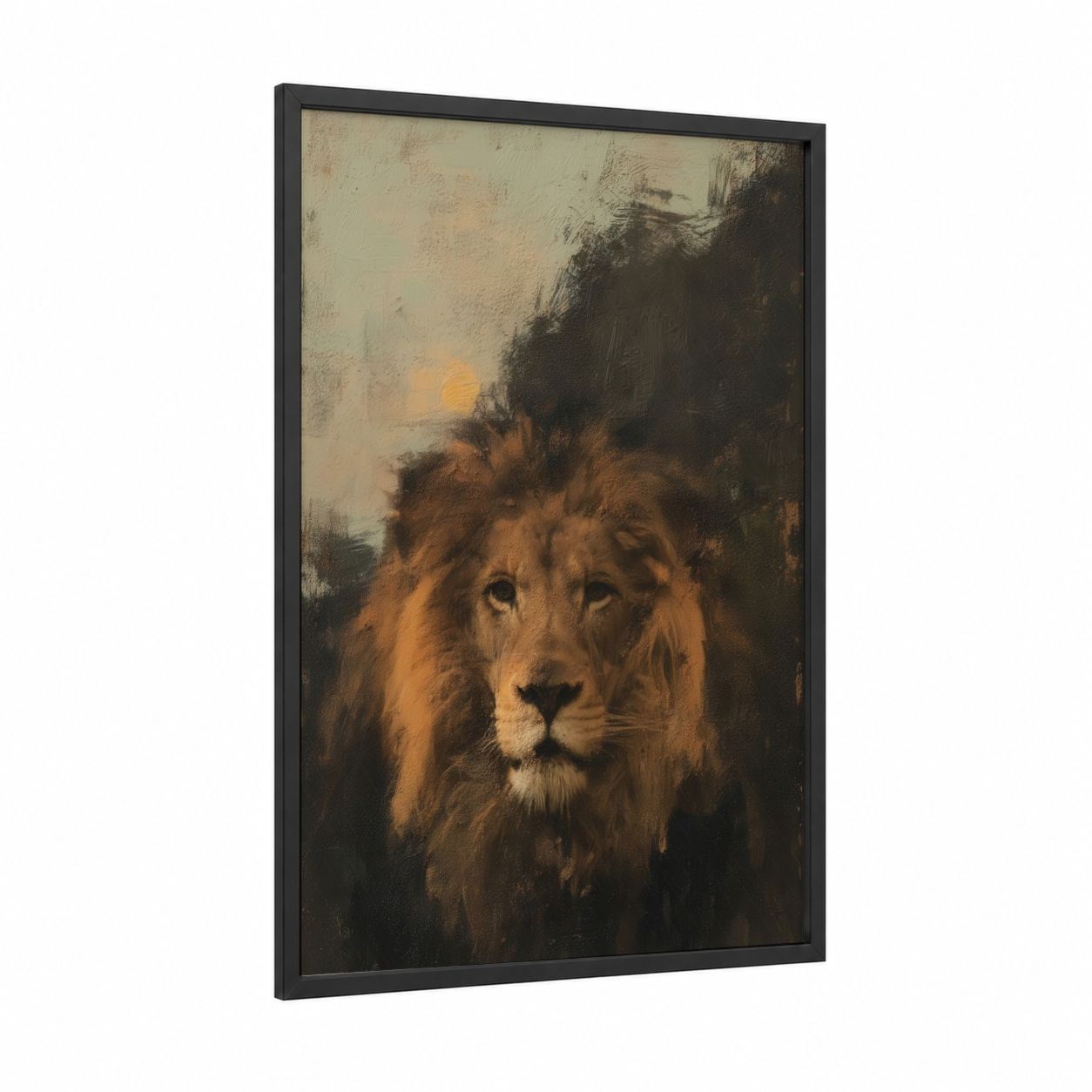 Golden Lion framed art print — black wood frame — gold and brown palette
