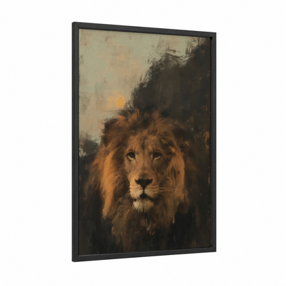 Golden Lion framed art print — black wood frame — gold and brown palette