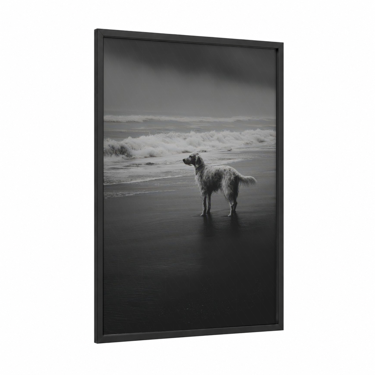 Coastal Setter framed art print — black wood frame — black and white and gray palette
