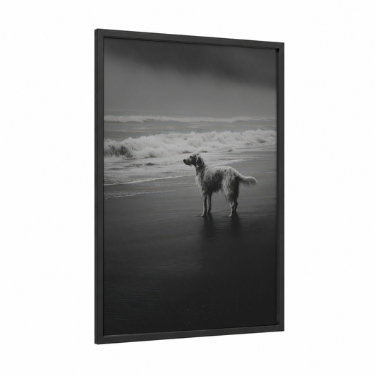 Coastal Setter framed art print — black wood frame — black and white and gray palette