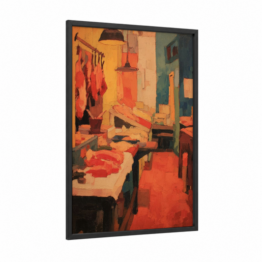 Butcher's Workshop framed meat print — black wood frame — orange and red palette