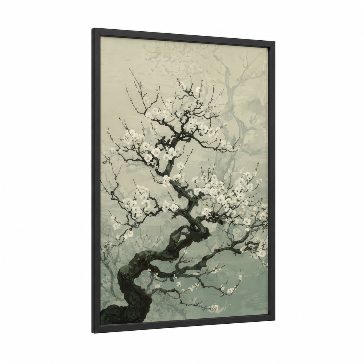 Snowy Bonsai framed bonsai tree print — black wood frame — cream and sage green palette