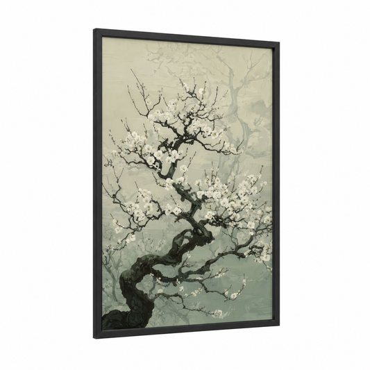 Snowy Bonsai framed bonsai tree print — black wood frame — cream and sage green palette