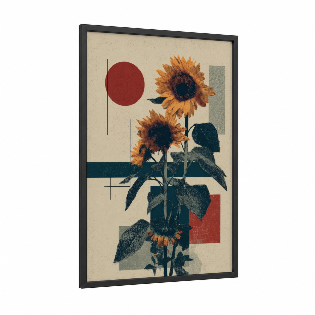 Golden Sunflower Geometry framed art print — black wood frame — gold and maroon palette