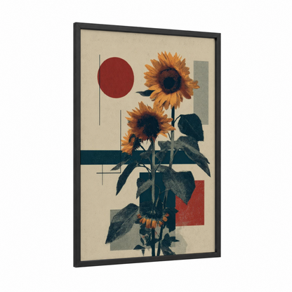 Golden Sunflower Geometry framed art print — black wood frame — gold and maroon palette