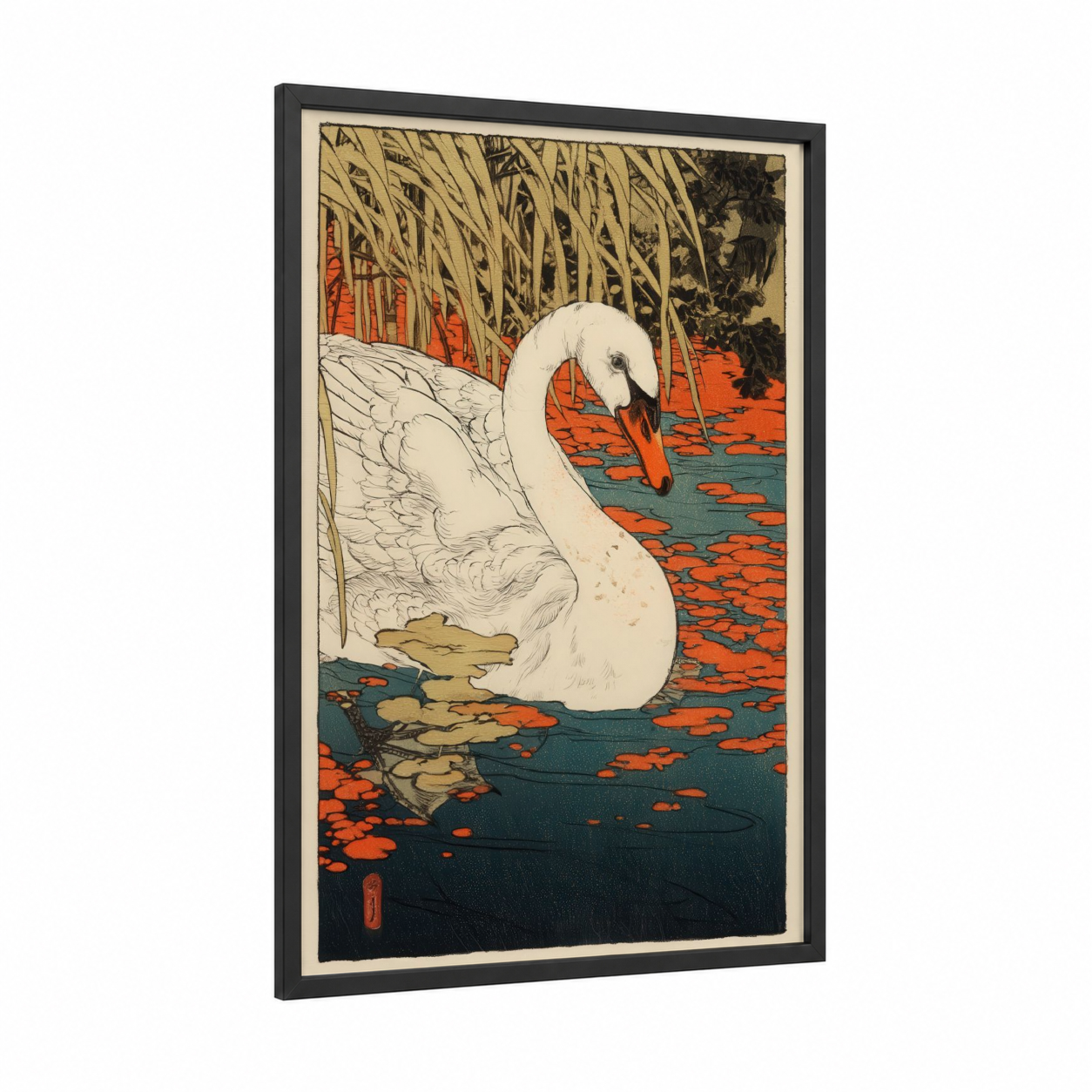 Autumn Swan framed art print — black wood frame — orange and teal palette