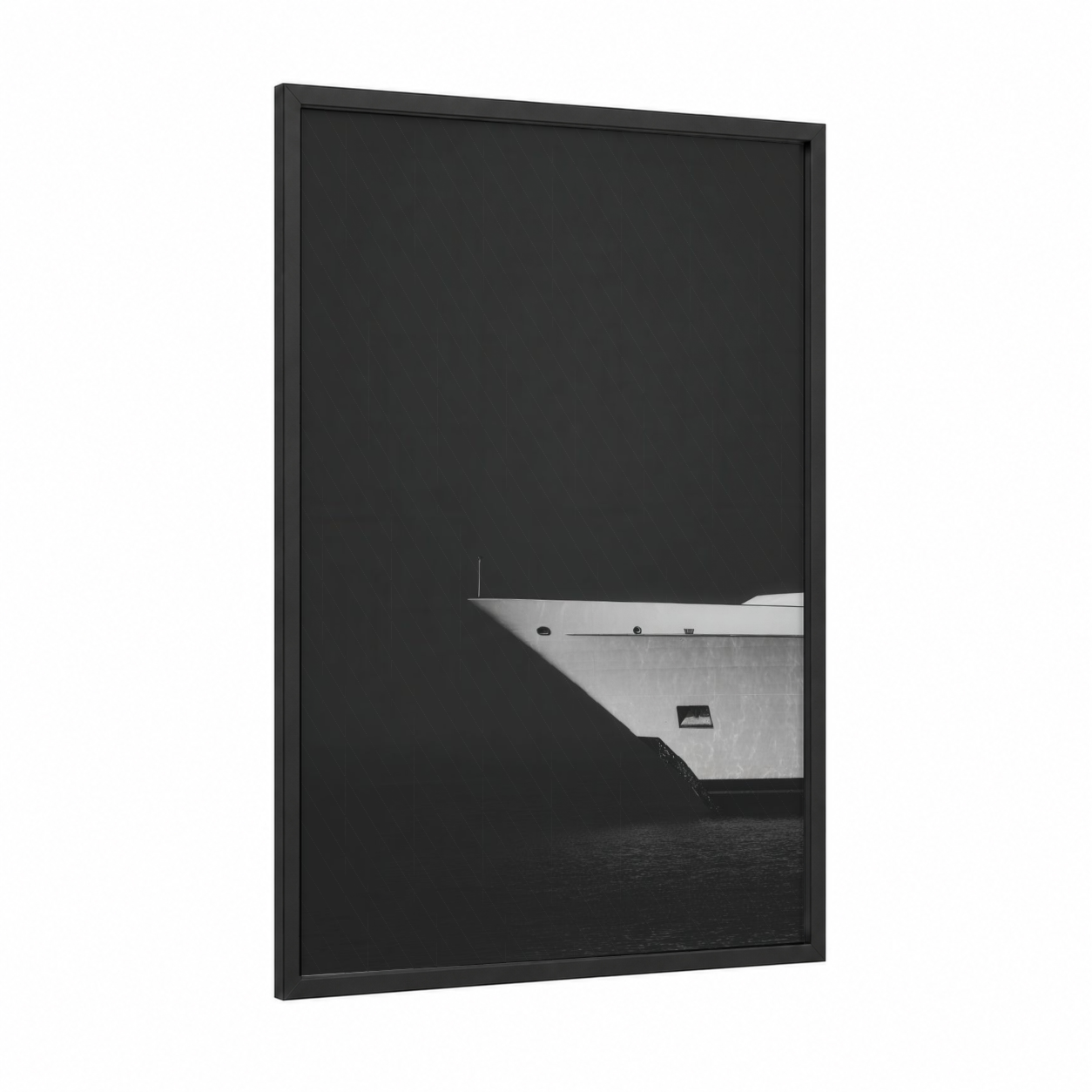 Minimalist Yacht framed yacth print — black wood frame — black and white and gray palette
