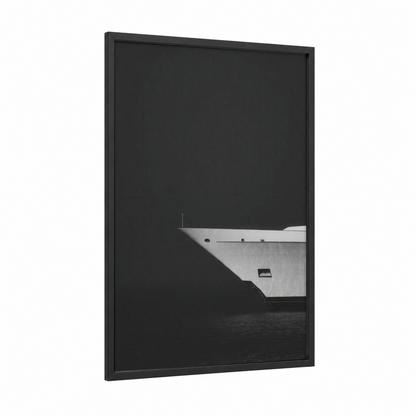 Minimalist Yacht framed yacth print — black wood frame — black and white and gray palette