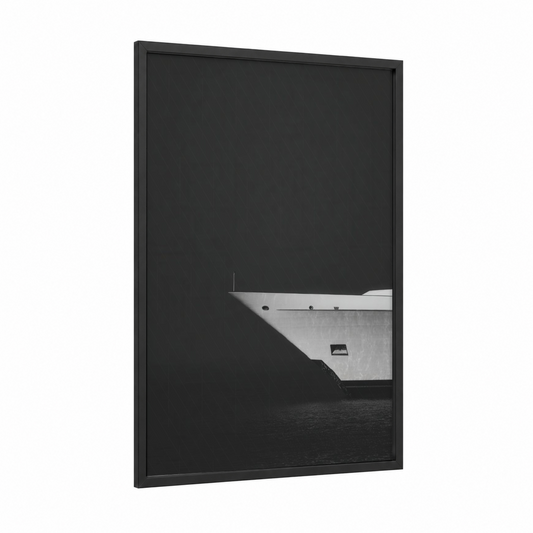 Minimalist Yacht framed yacth print — black wood frame — black and white and gray palette