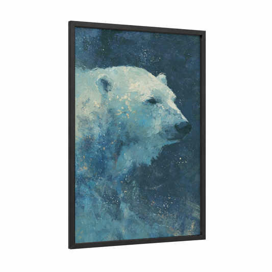 Arctic Sentinel framed polar bear print — black wood frame — blue and white palette