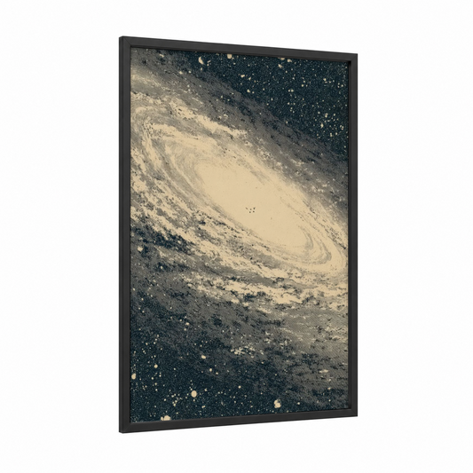 Cosmic Spiral Galaxy framed art print — black wood frame — cream and black palette