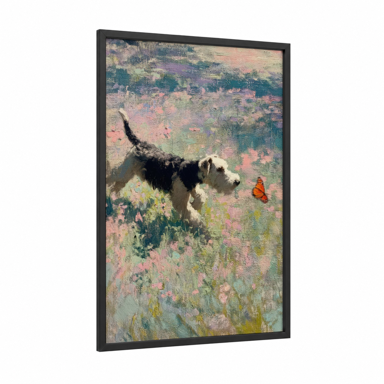 Wildflower Terrier framed art print — black wood frame — pink and light green palette