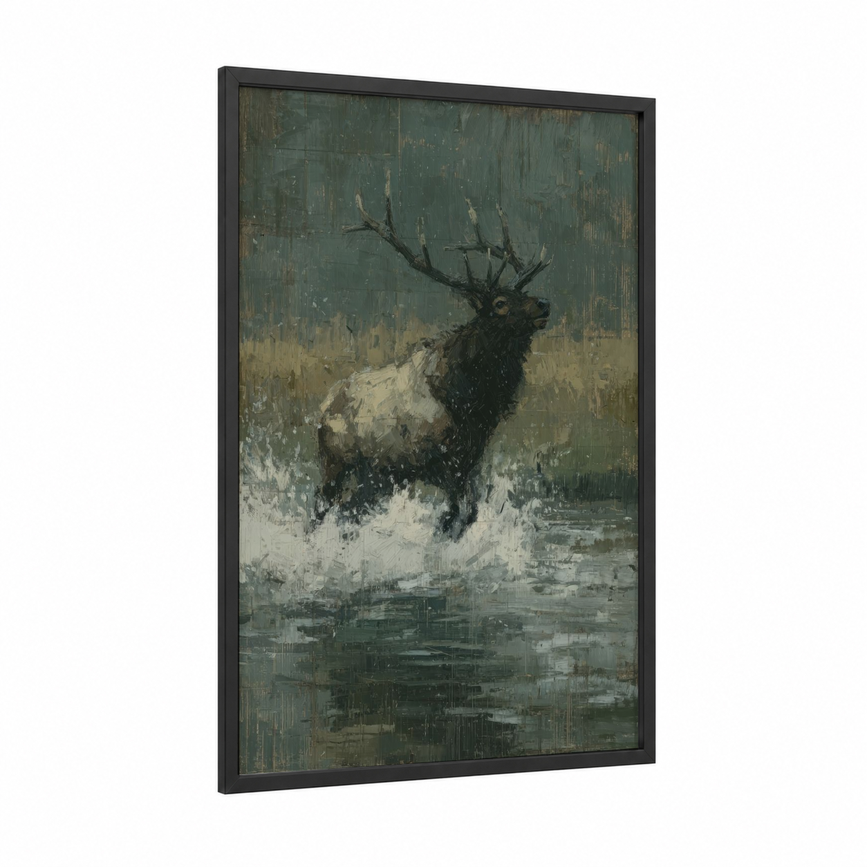 Snowy Elk framed art print — black wood frame — dove gray and dark green palette