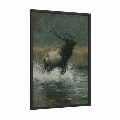 Snowy Elk framed art print — black wood frame — dove gray and dark green palette