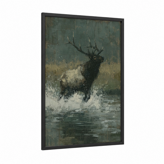 Snowy Elk framed art print — black wood frame — dove gray and dark green palette