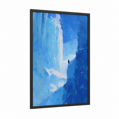 Solitary Ice Climber framed ice climbing print — black wood frame — blue and white palette