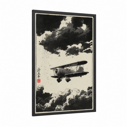Biplane Cloudscape framed vintage airplane print — black wood frame — black and white and cream palette