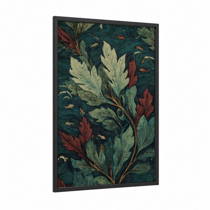 Crimson Mangrove framed art print — black wood frame — teal and cream palette
