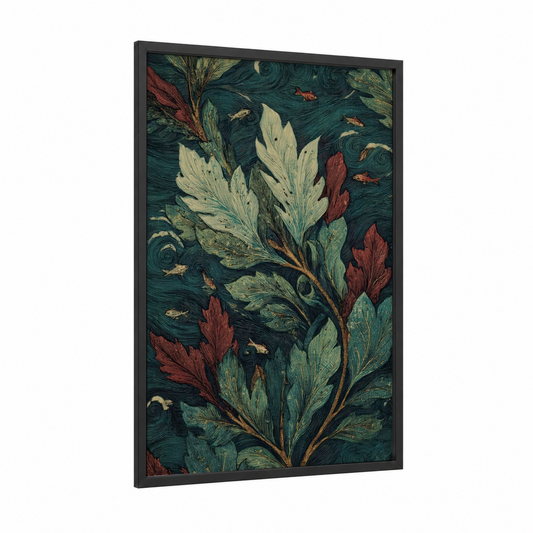 Crimson Mangrove framed art print — black wood frame — teal and cream palette