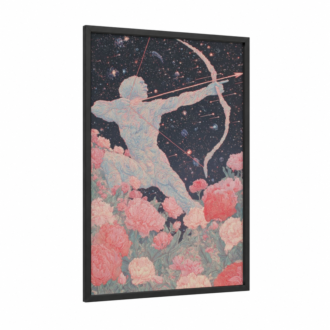 Celestial Archer framed sagittarius print — black wood frame — salmon pink and blue and white palette