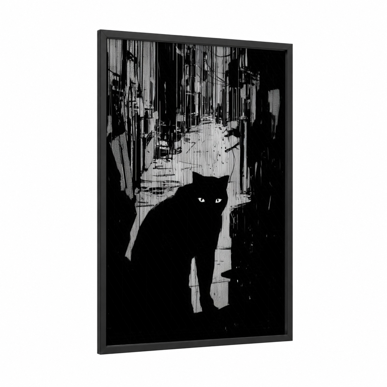 Alley Panther framed art print — black wood frame — black and white palette