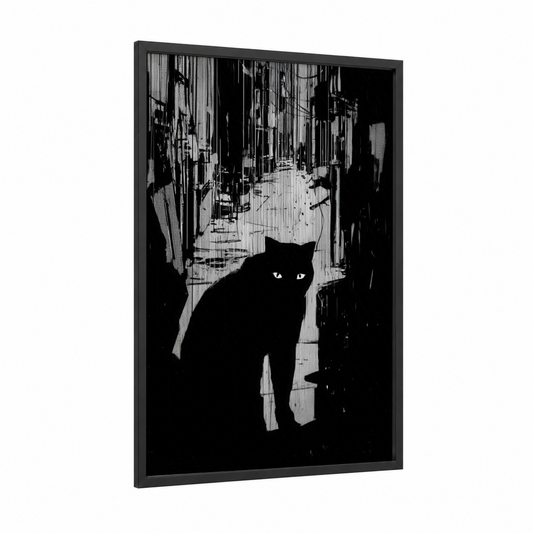 Alley Panther framed art print — black wood frame — black and white palette