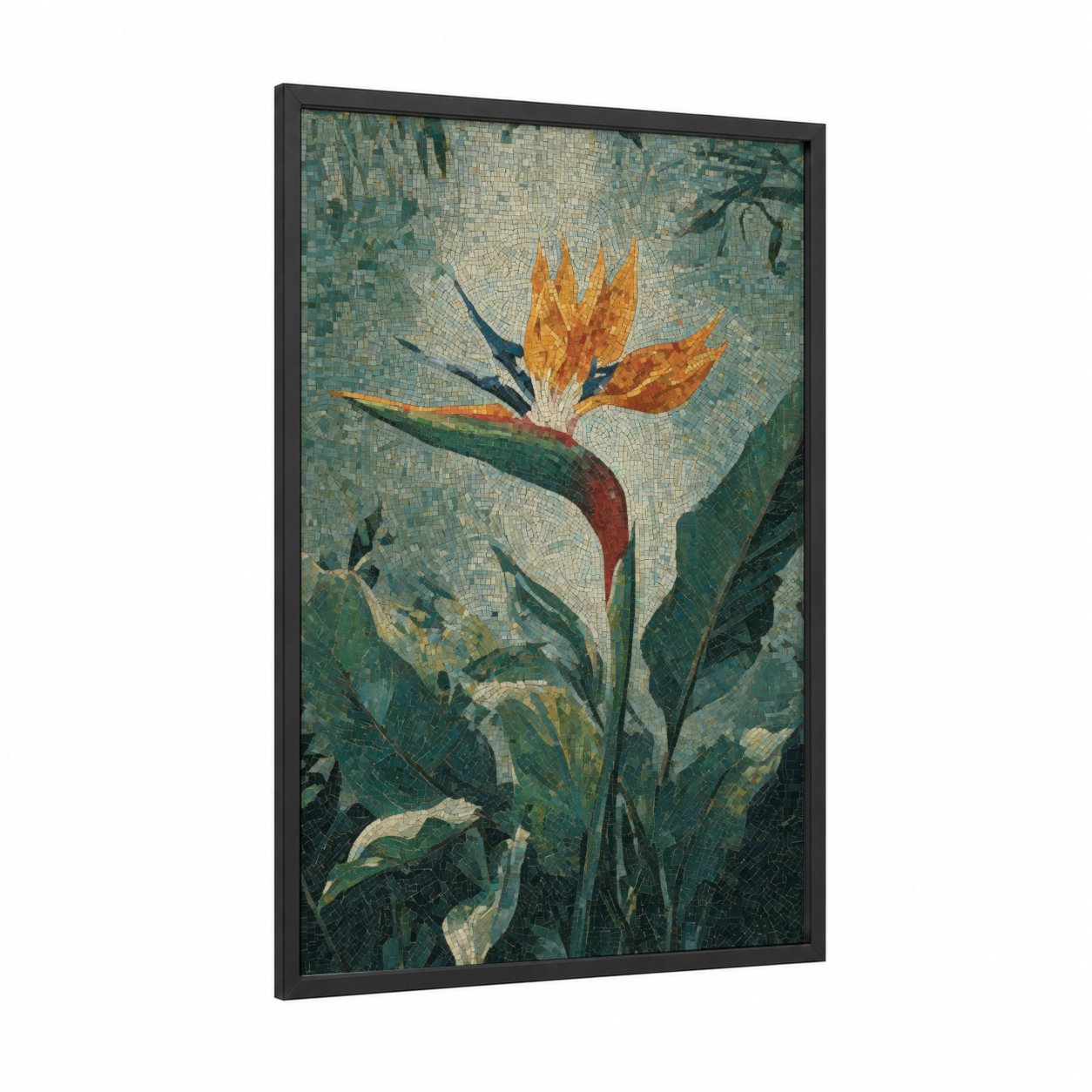 Golden Strelitzia framed birds of paradise print — black wood frame — gold and dark green palette