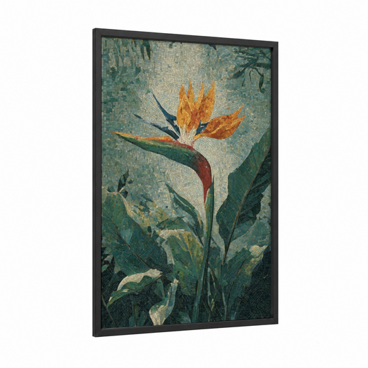 Golden Strelitzia framed birds of paradise print — black wood frame — gold and dark green palette