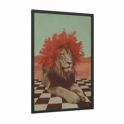 Crimson Lion framed art print — black wood frame — sage green palette