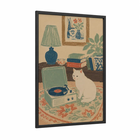 Vintage Cat with Record Player Wall Art framed art print — black wood frame — beige and teal palette