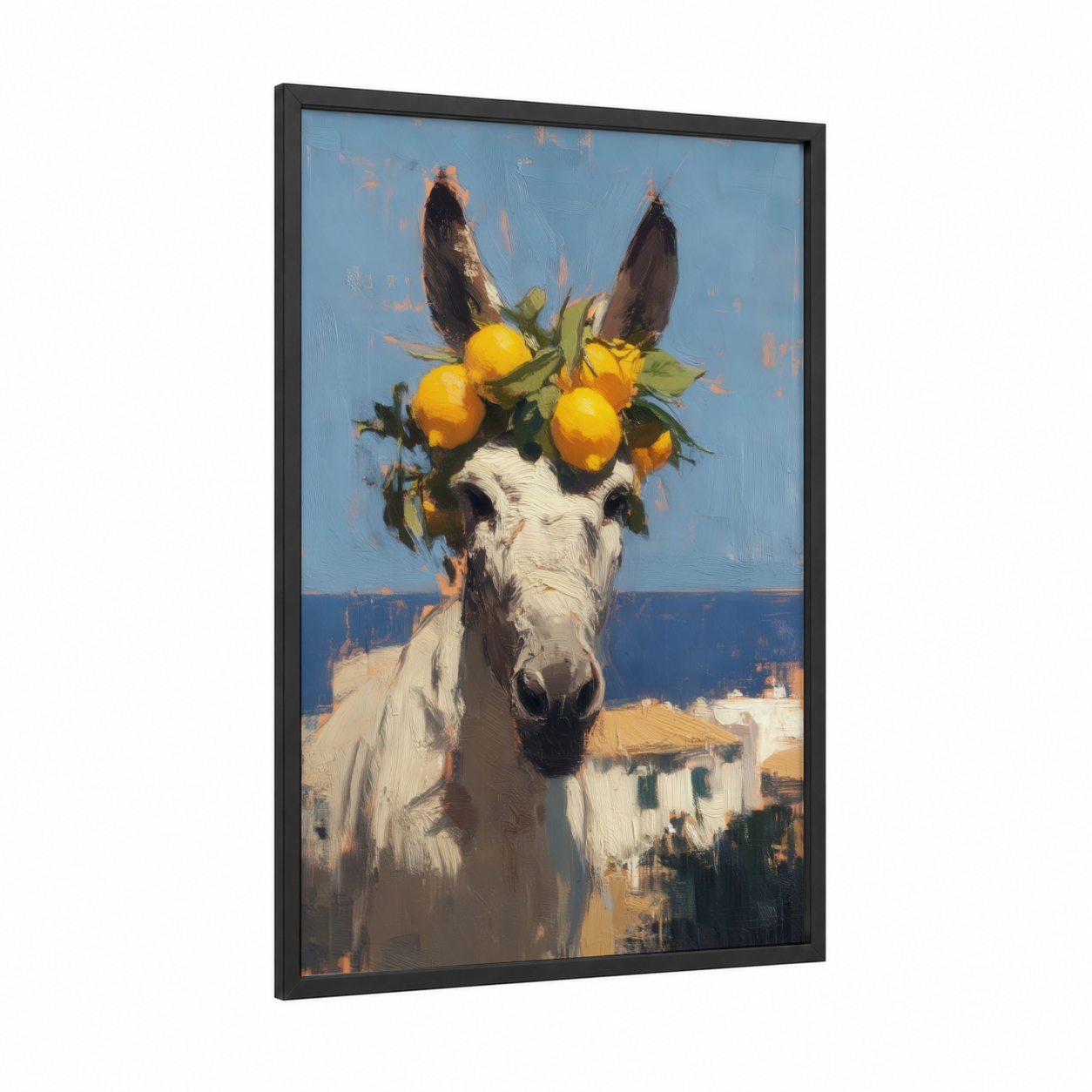 Citrus Donkey framed art print — black wood frame — blue and gold palette