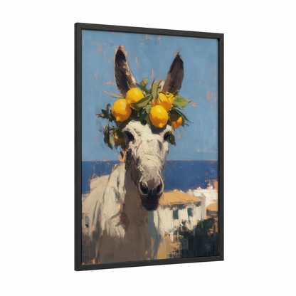 Citrus Donkey framed art print — black wood frame — blue and gold palette