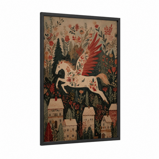 Celestial Pegasus Village framed art print — black wood frame — red and dark green palette