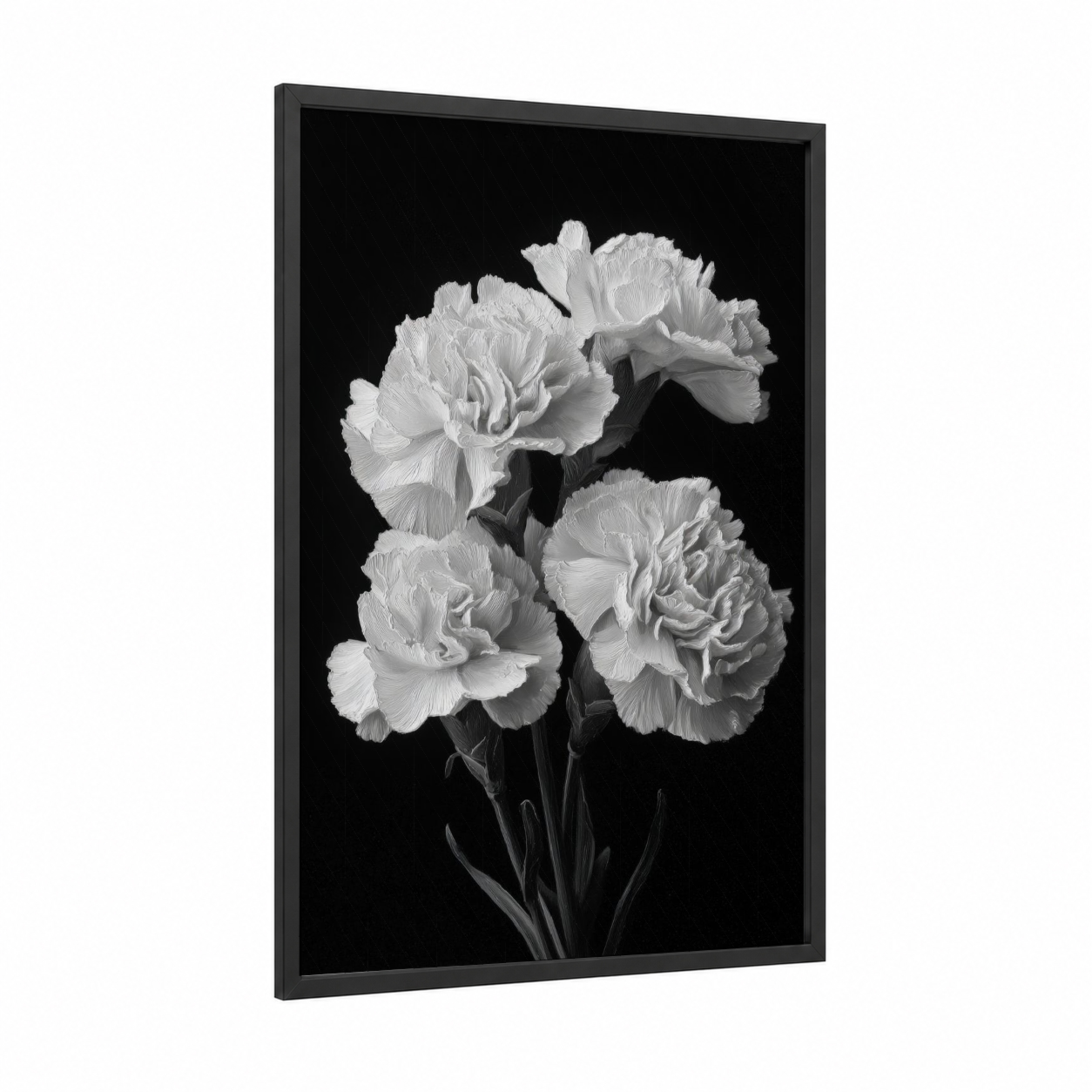 Ethereal White Carnations framed art print — black wood frame — black and white palette
