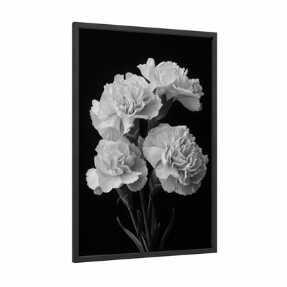 Ethereal White Carnations framed art print — black wood frame — black and white palette
